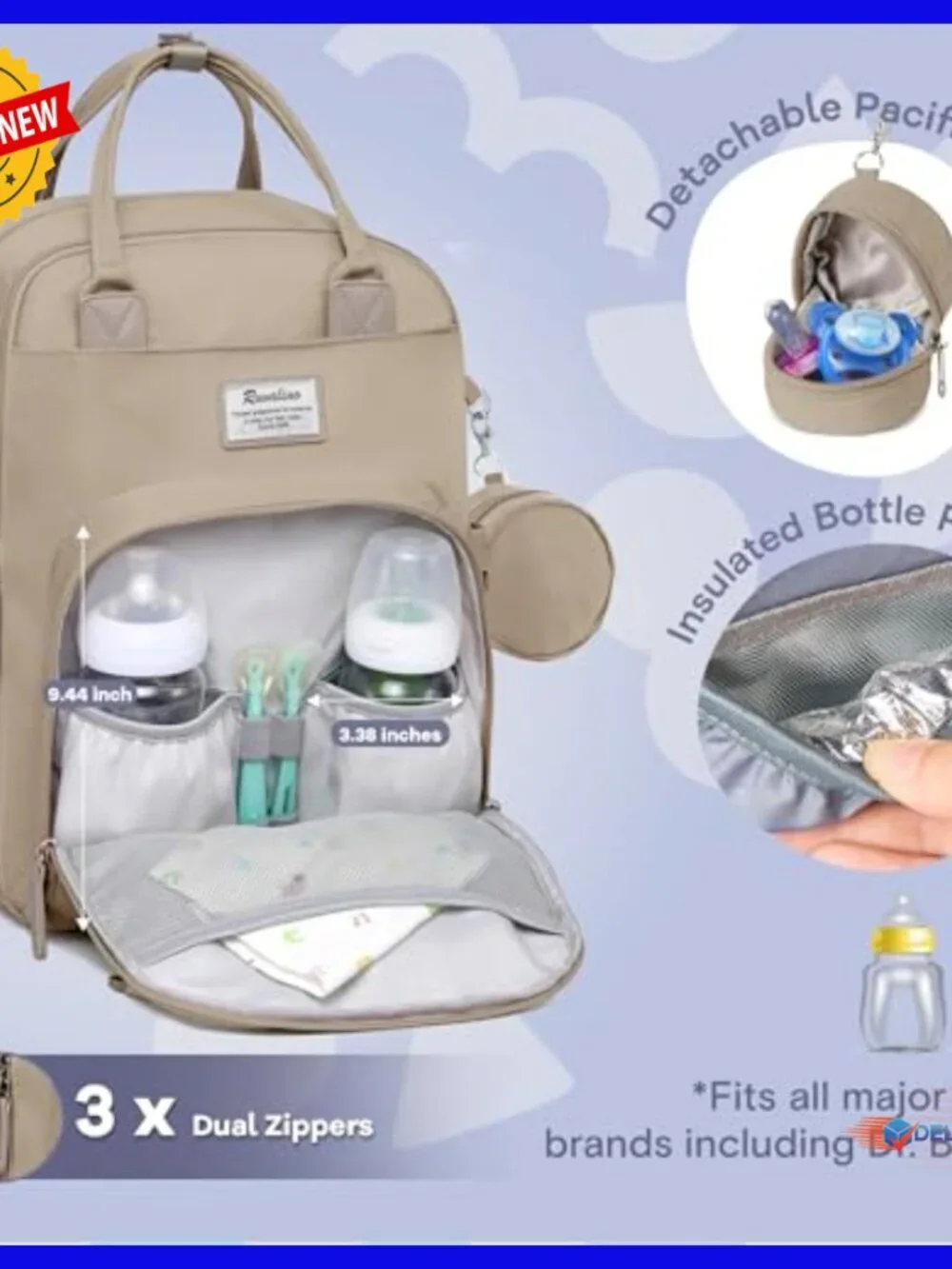 Large Waterproof Diaper Backpack with Changing Pad & Insulated Bottle Pockets